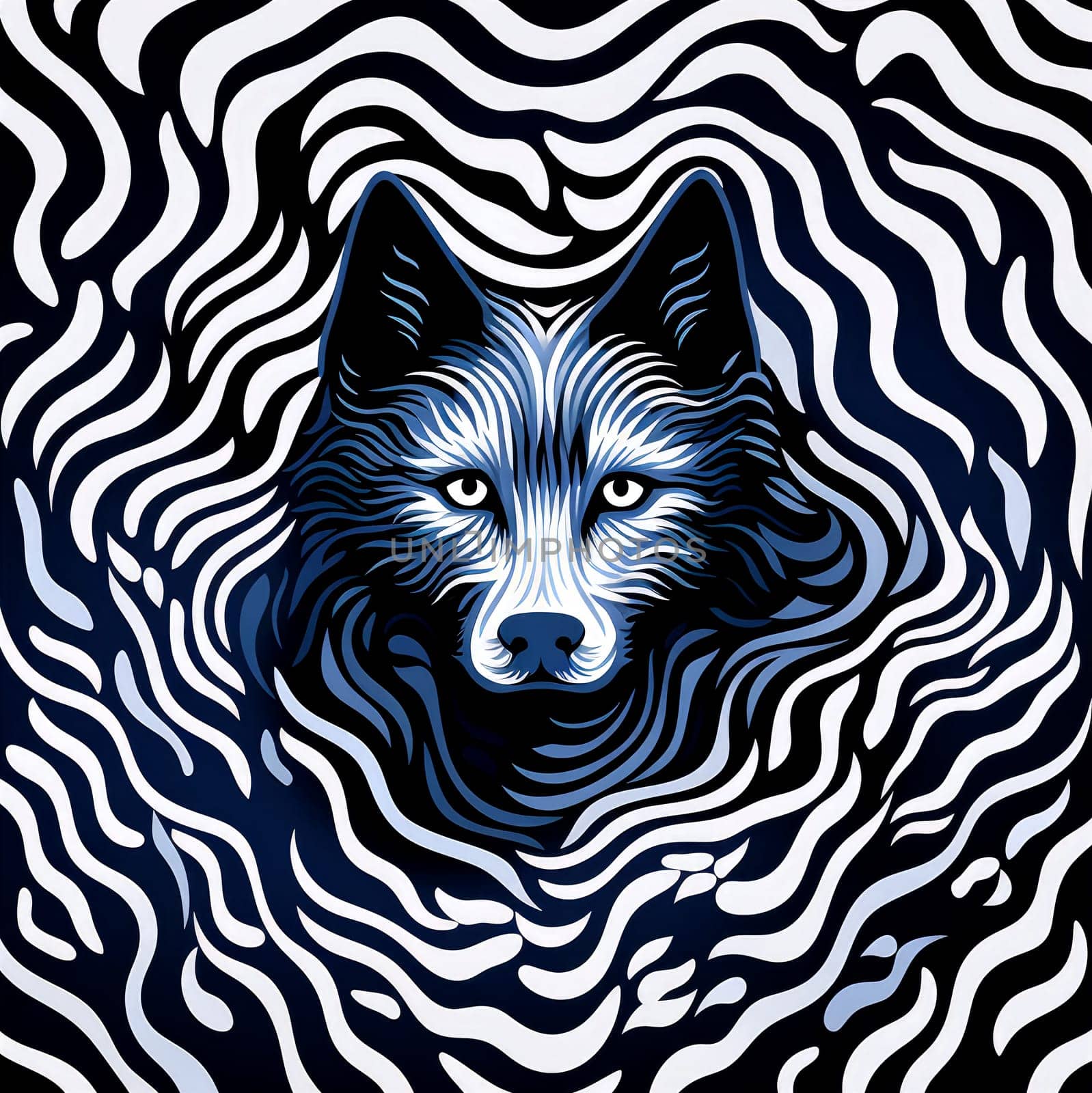 Portrait of a wolf in a decorative psychedelic pop art style. Template for poster, sticker, t-shirt print, sticker, etc.