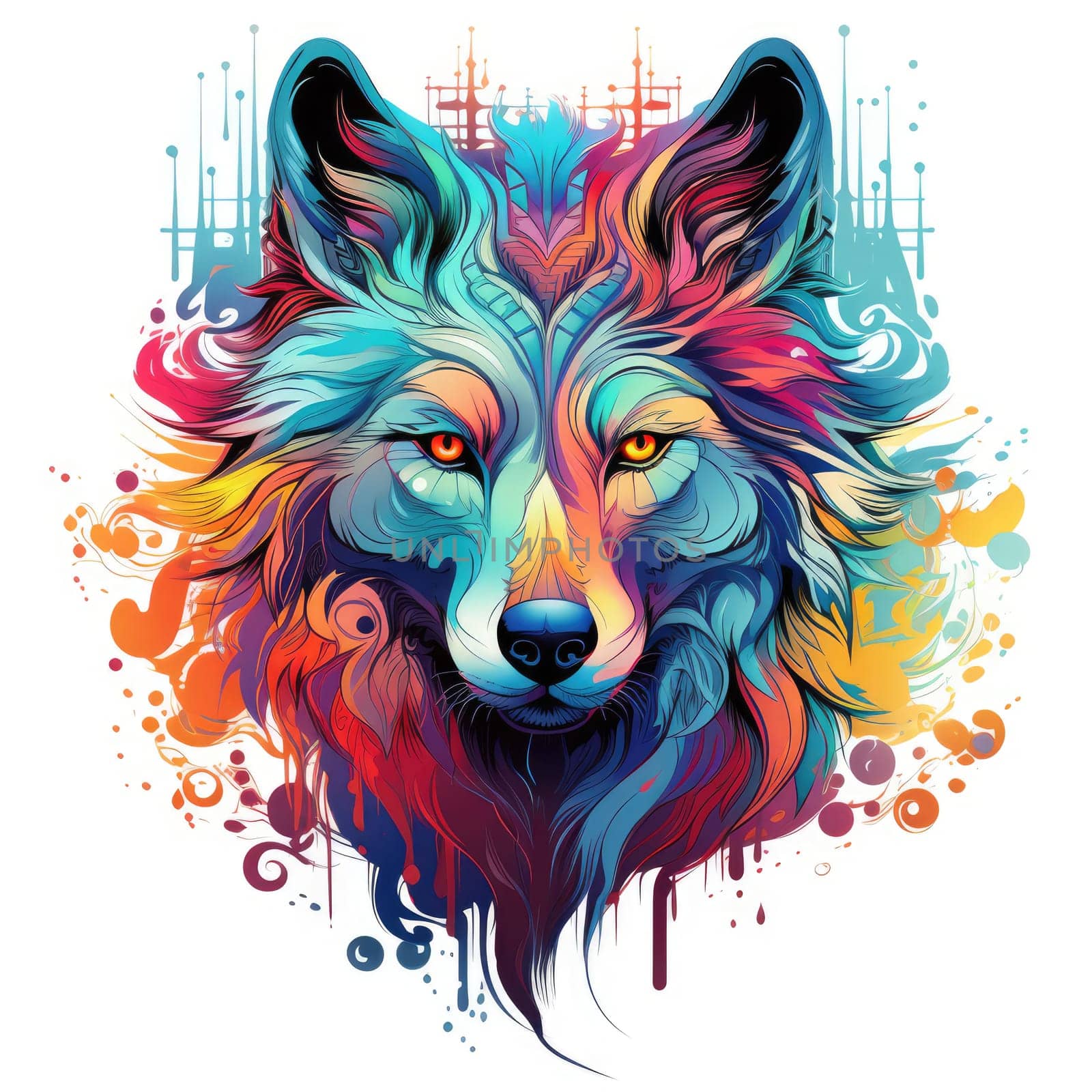 Portrait of a wolf in a decorative psychedelic pop art style. Template for poster, sticker, t-shirt print, sticker, etc.