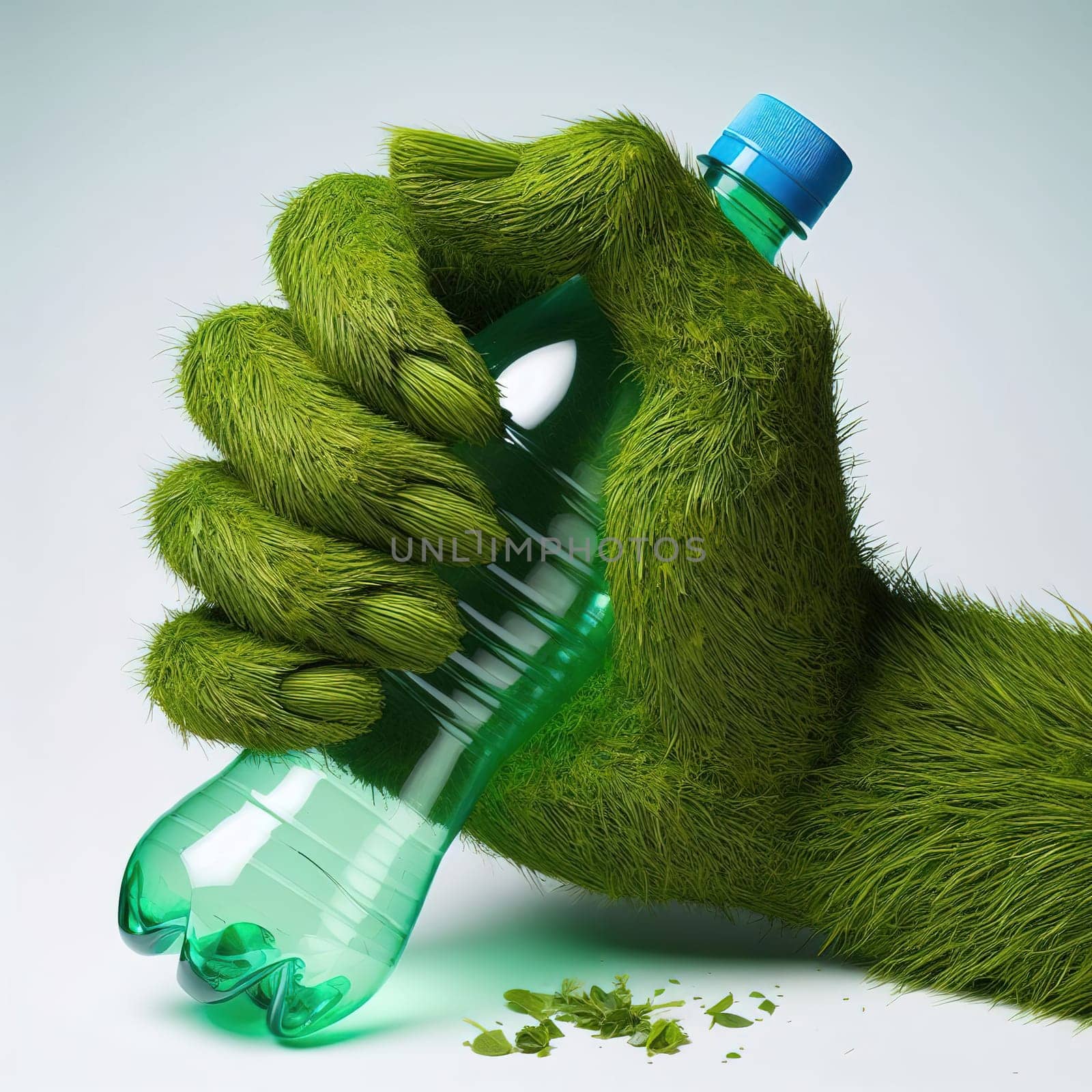 A hand made of grass holds a plastic bottle. Ecology. Generative AI. High quality illustration
