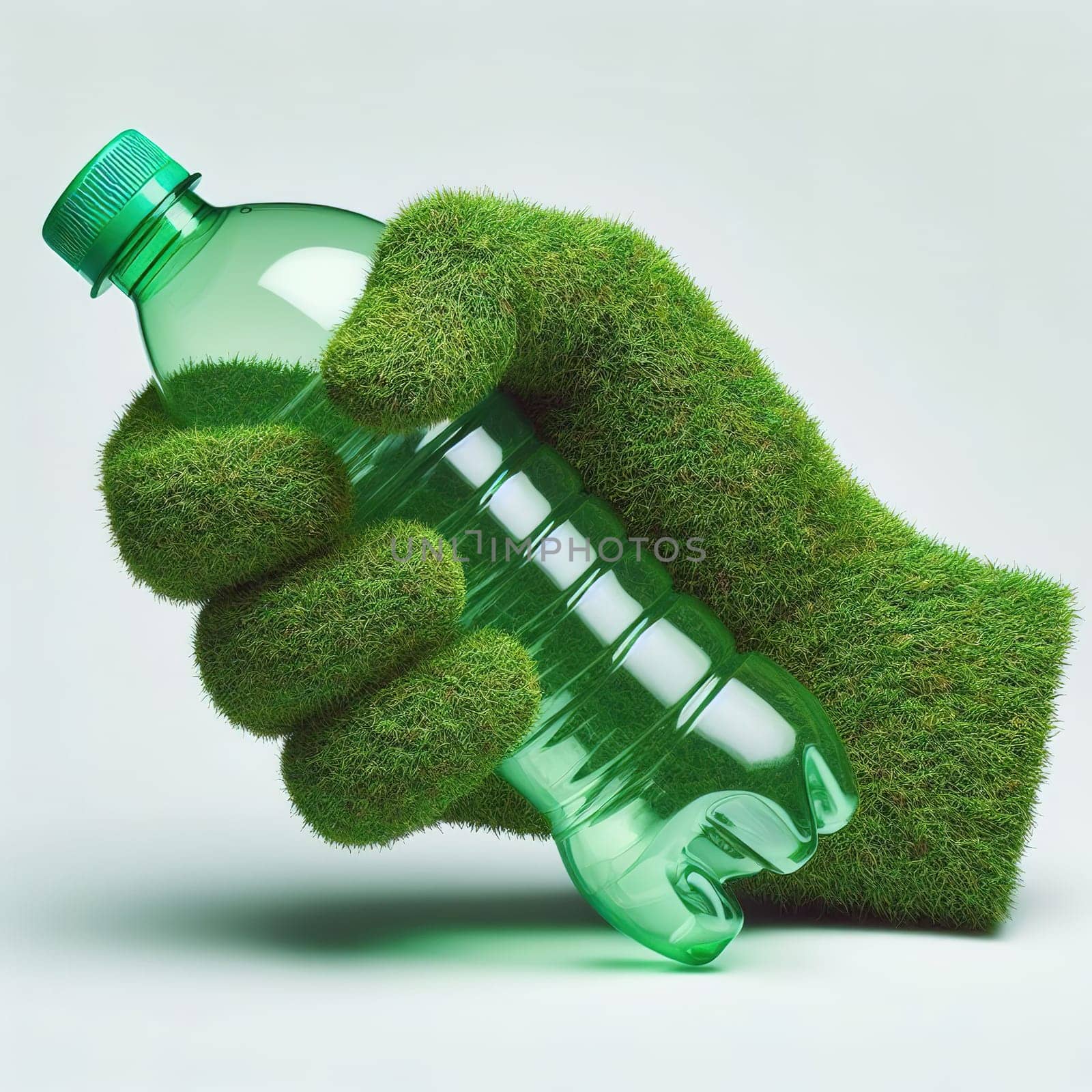 A hand made of grass holds a plastic bottle. Ecology. Generative AI. High quality illustration