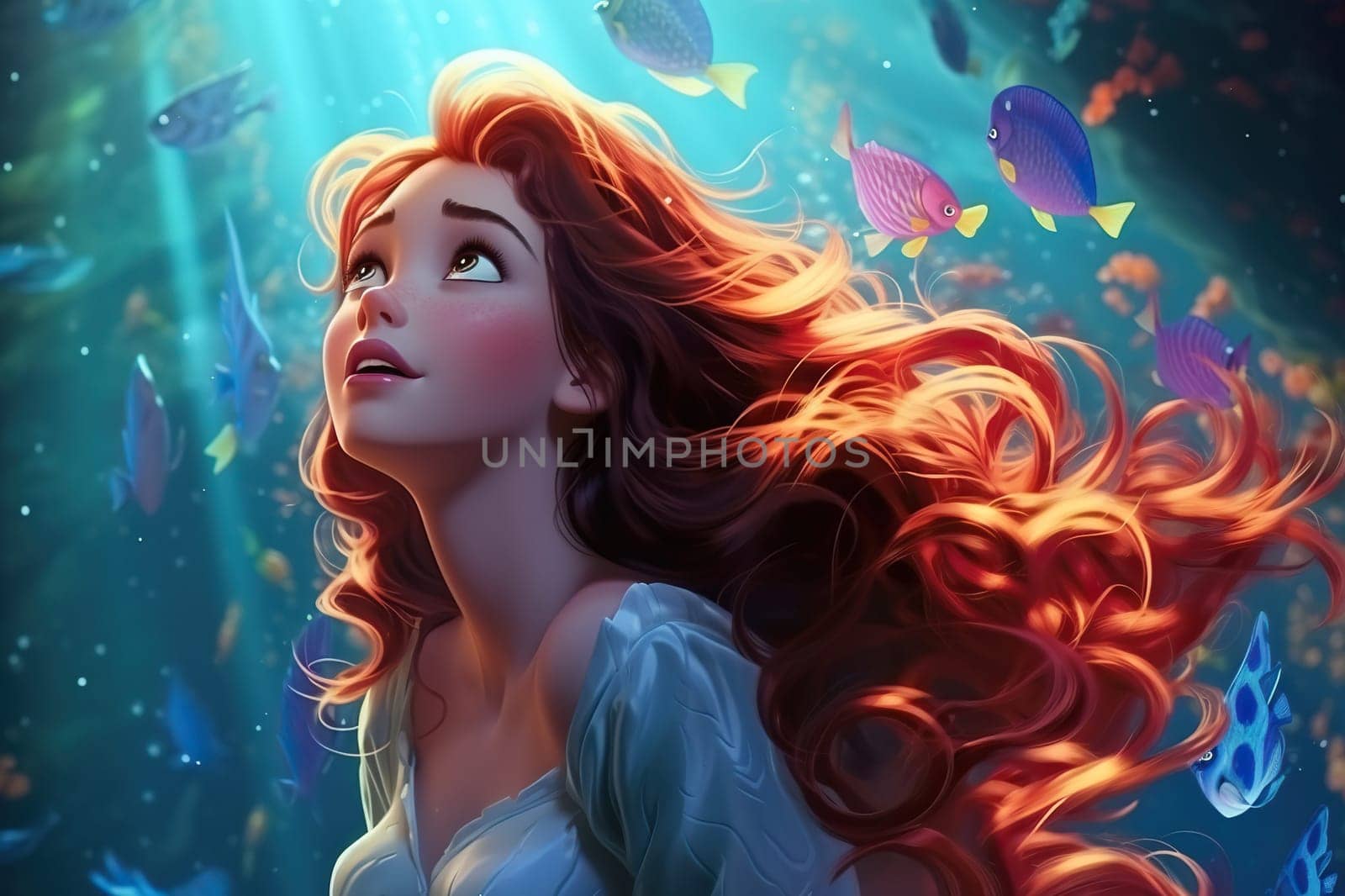 Girl, little mermaid underwater in the rays of the sun. Generated by artificial intelligence by Vovmar