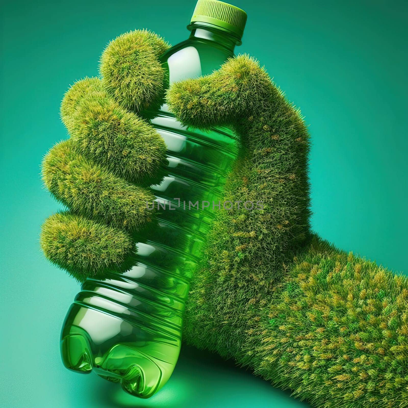 A hand made of grass holds a plastic bottle. Ecology. Generative AI. High quality illustration