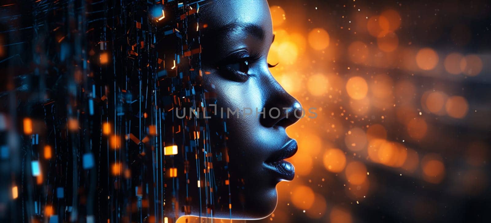 Futuristic robotic woman side view, Beauty portrait of African American cyborg girl. High quality photo
