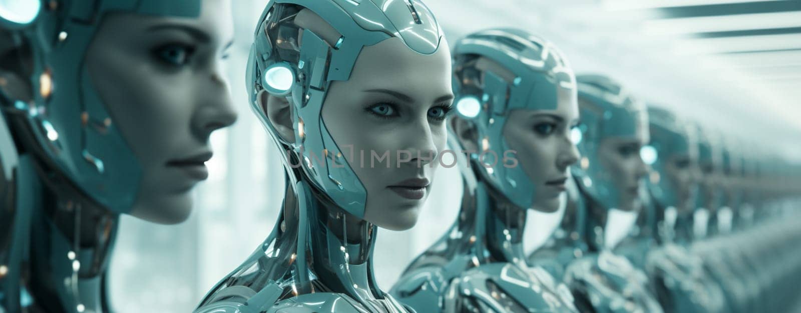 Leadership concept with 3d rendering female cyborg or robot arm crossed with robot army.