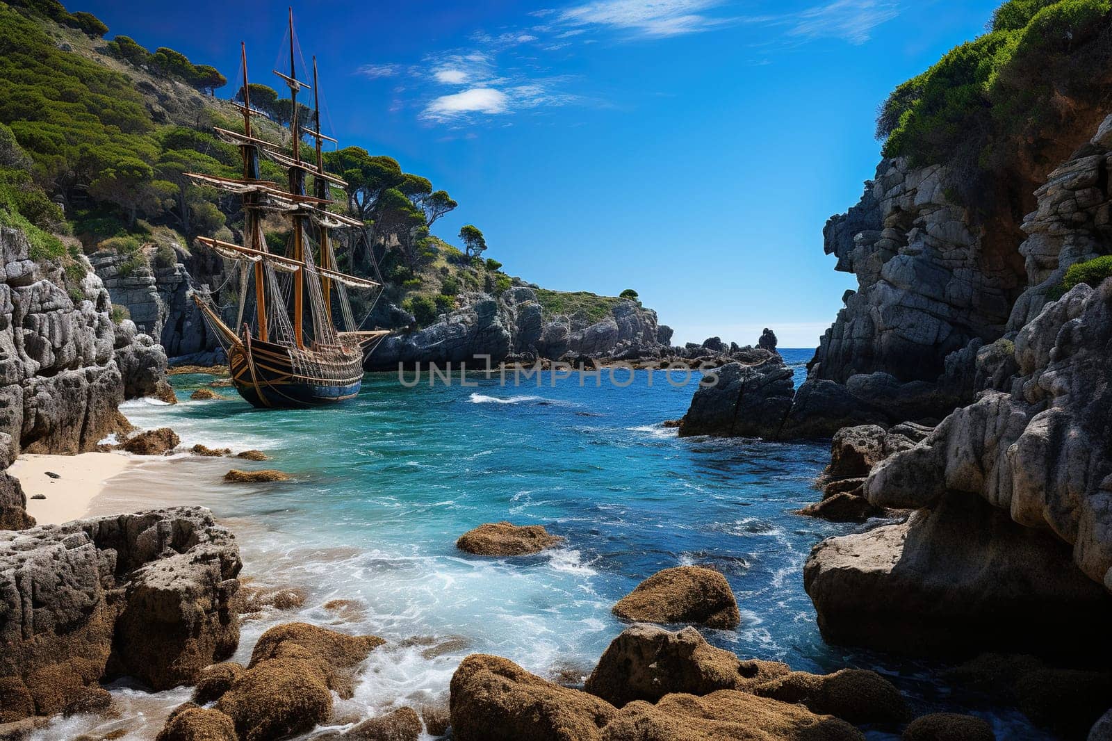 Beautiful vintage ship in the bay of a tropical island.