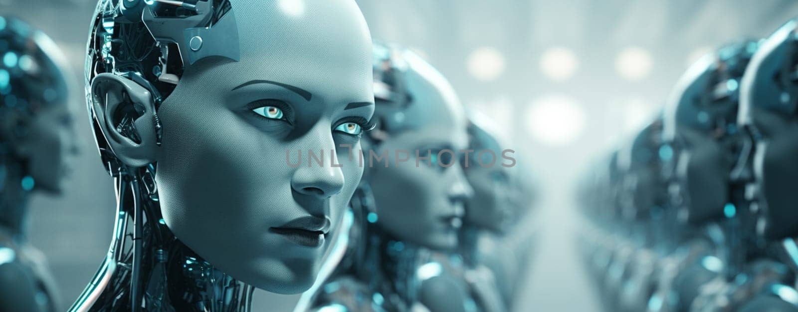 Leadership concept with 3d rendering female cyborg or robot arm crossed with robot army.