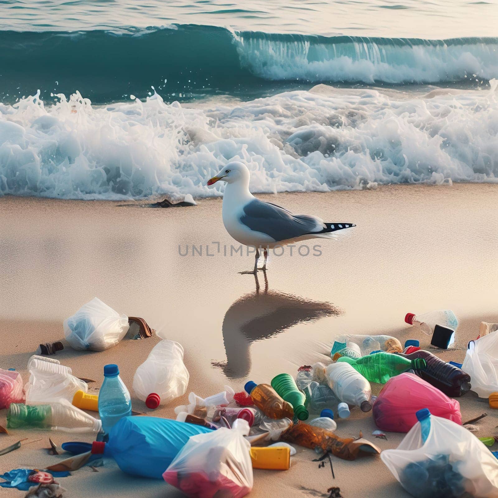 The seagull bird lives among the garbage. Ecology. Generative AI. High quality photo