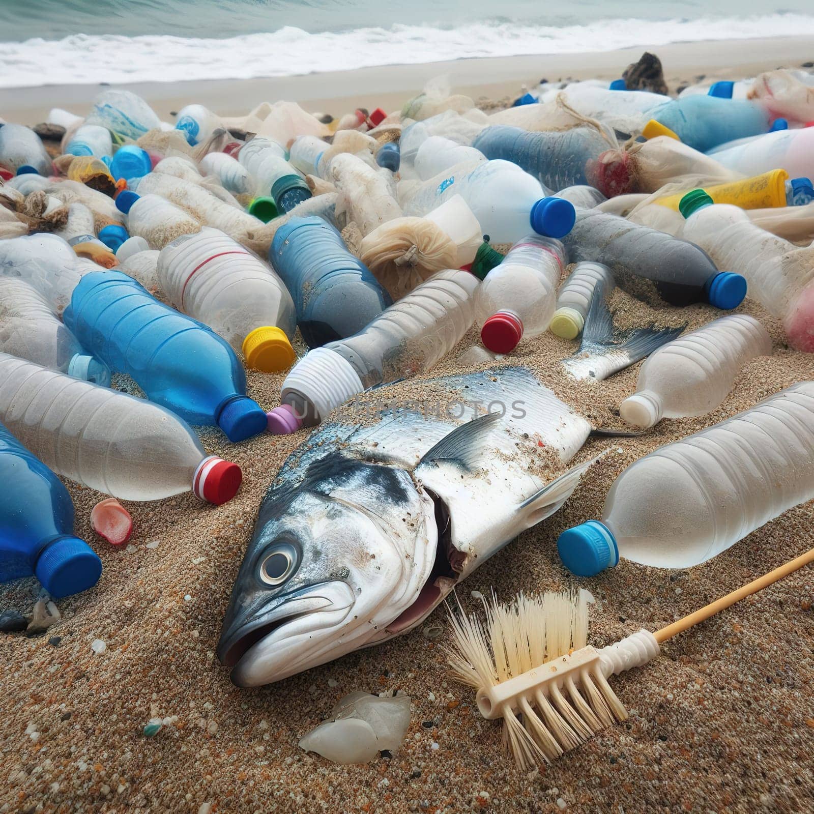 Fish are dying due to garbage in the sea and ocean. Ecology. Generative AI. High quality photo