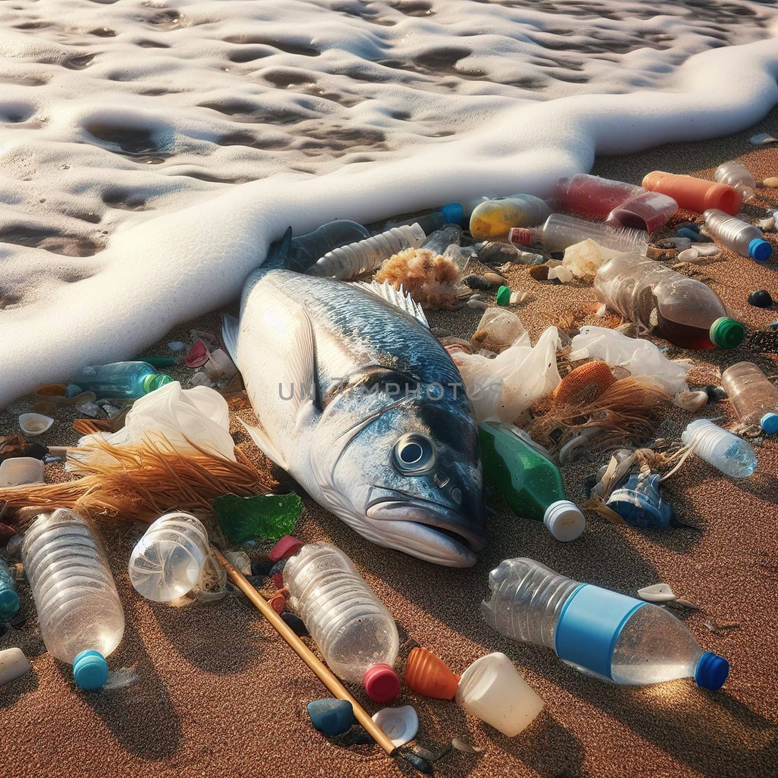 Fish are dying due to garbage in the sea and ocean. Ecology. Generative AI. High quality photo