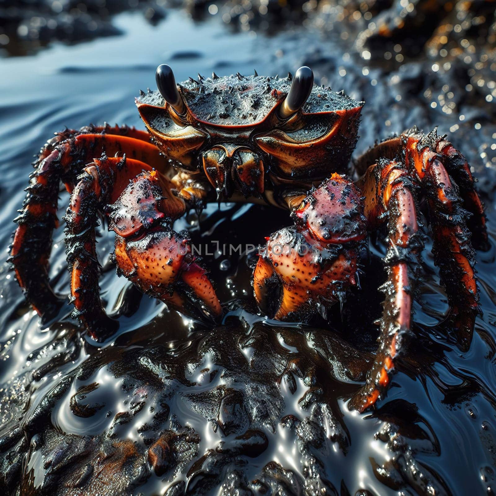 A crab lives among an oil spill. Ecology. Generative AI. High quality photo