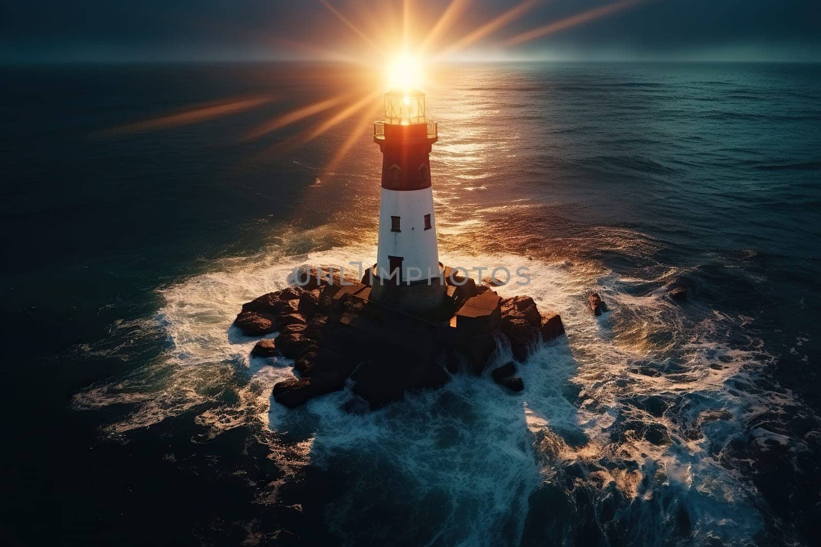 A lighthouse on an island in the middle of the sea. Lighthouse and waves. Symbol of hope, waiting.