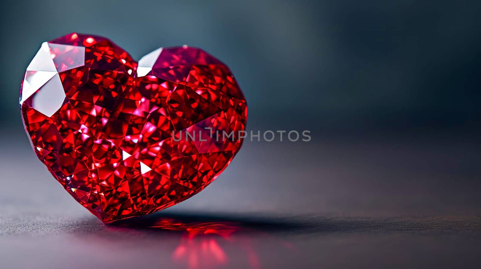 Beautiful red heart made of ruby gemstone on a gray background.AI generated. by OlgaGubskaya
