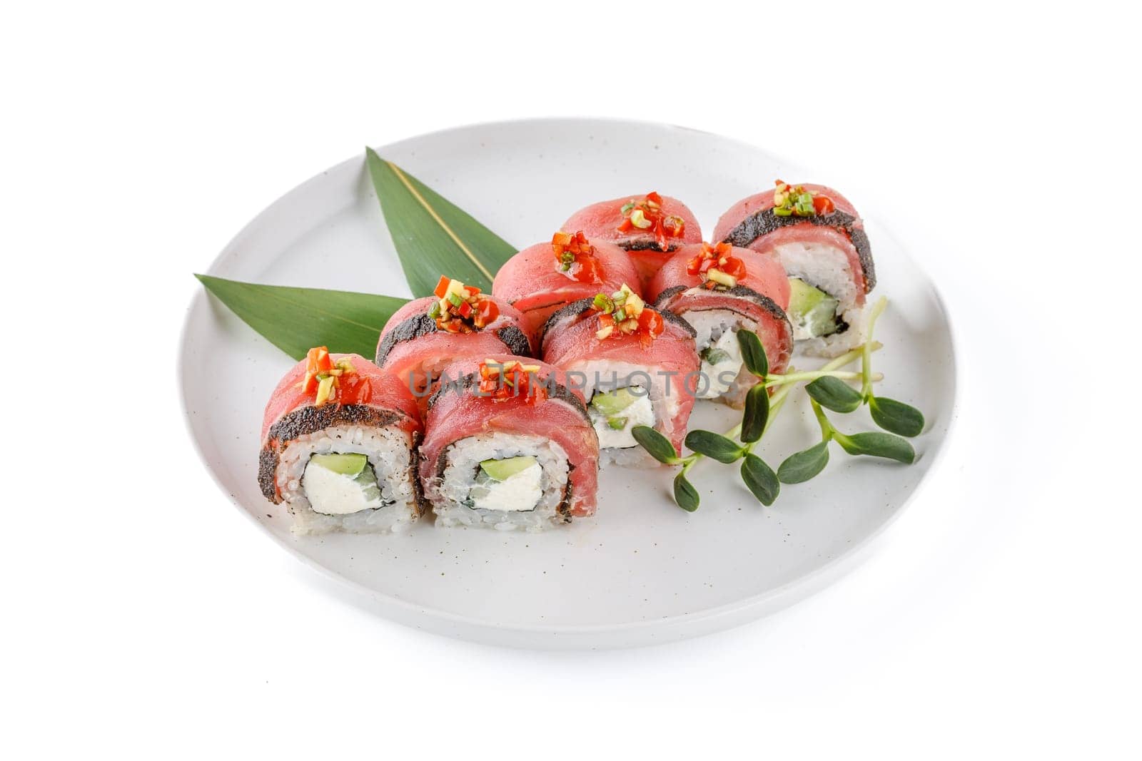 Fila tataki tuna on a white background studio shooting