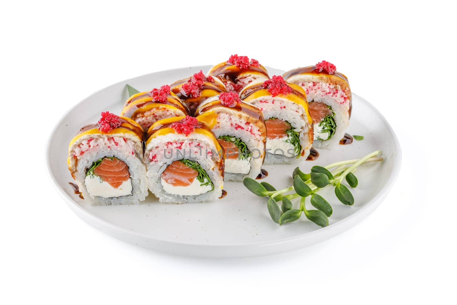 Double-decker roll with fried eel and salmon on a white background, studio shooting