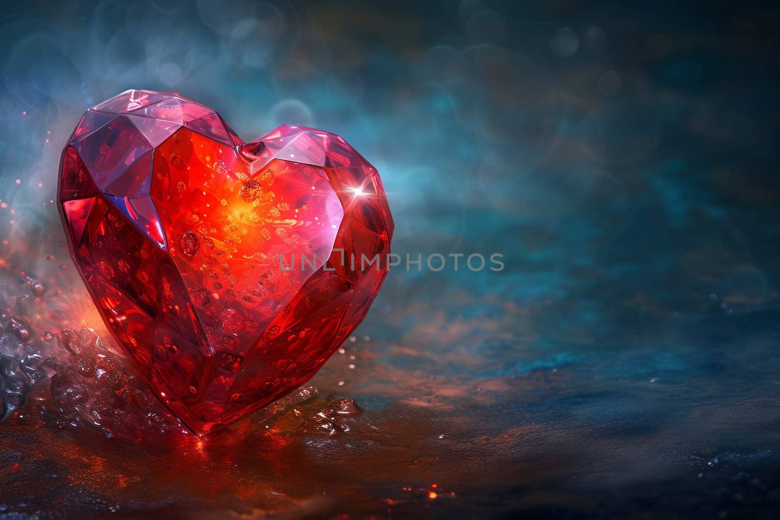 Beautiful luxury red heart made of ruby gemstone on a gray background. Copy space. AI generated.