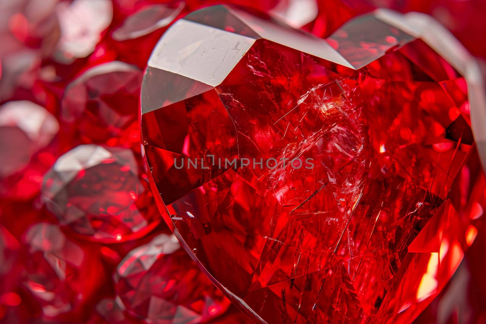 Beautiful luxury red heart made of ruby gemstone on a gray background. Copy space. AI generated.