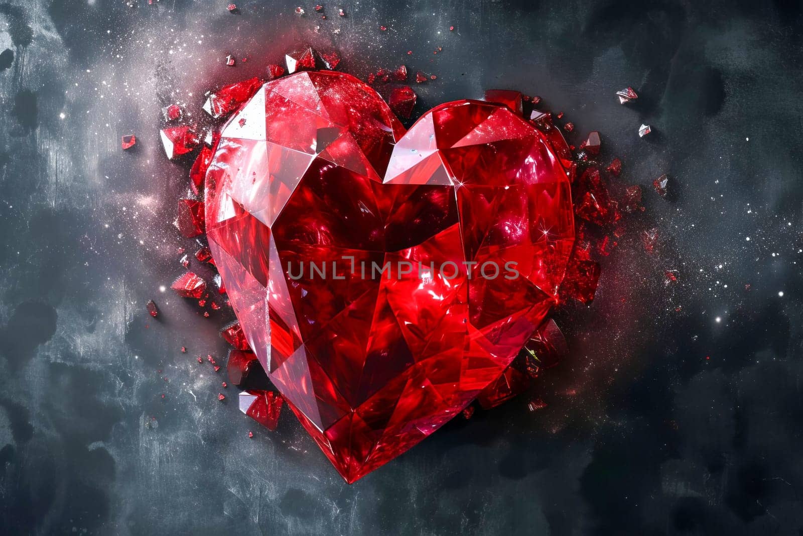 Beautiful red heart made of ruby gemstone on a gray background.AI generated. by OlgaGubskaya