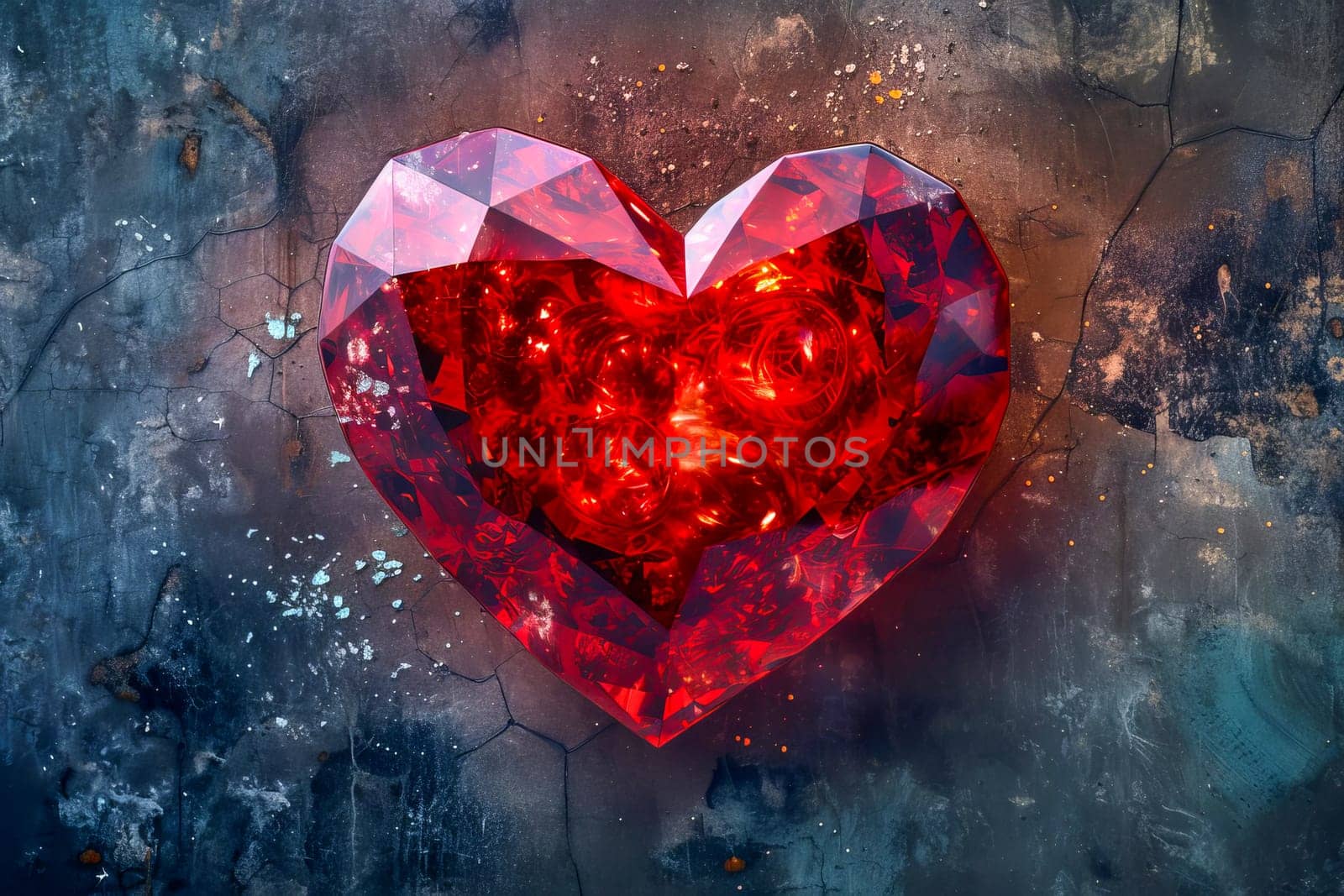 Beautiful luxury red heart made of ruby gemstone on a gray background. Copy space. AI generated.