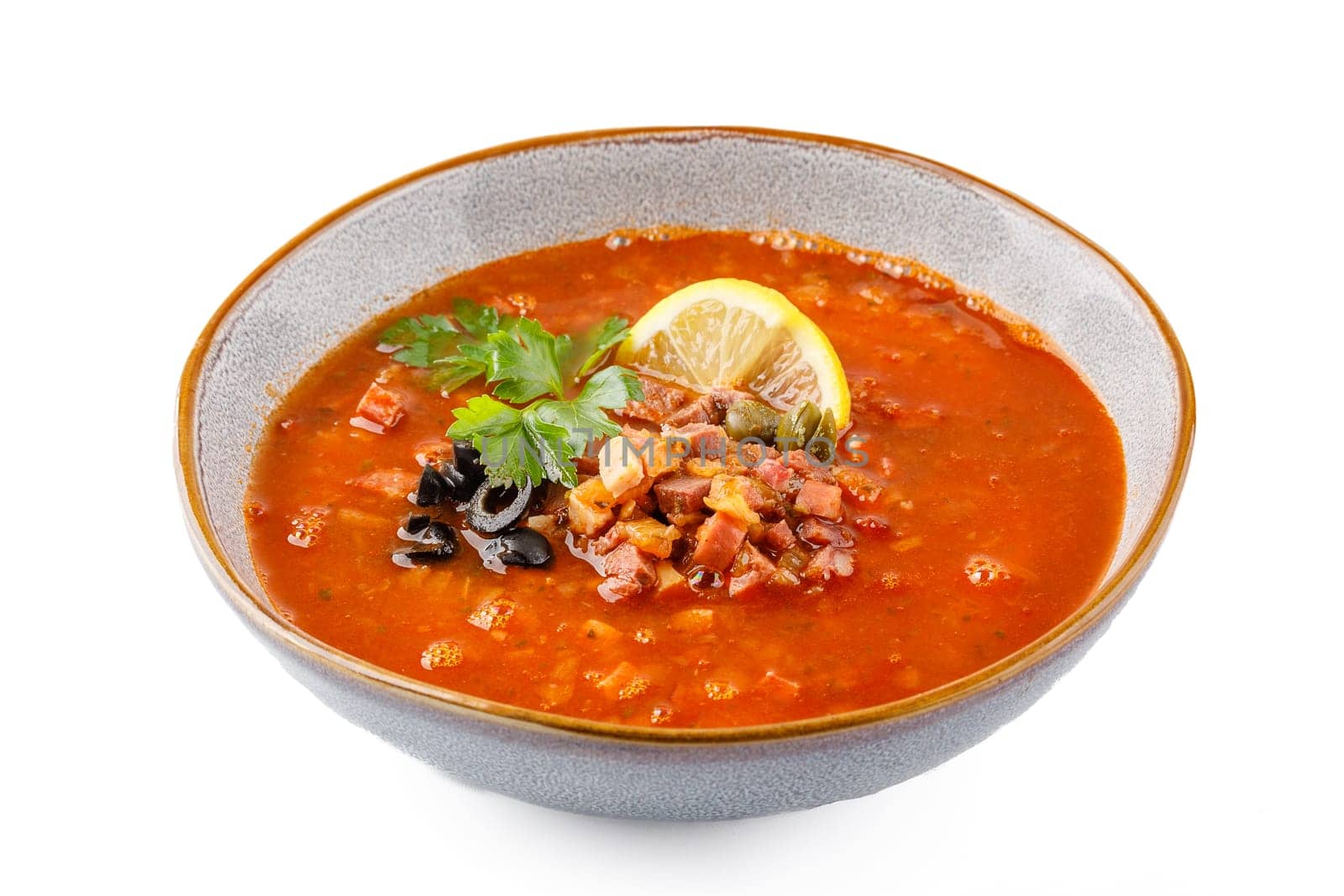 Meat solyanka on a white background studio shooting