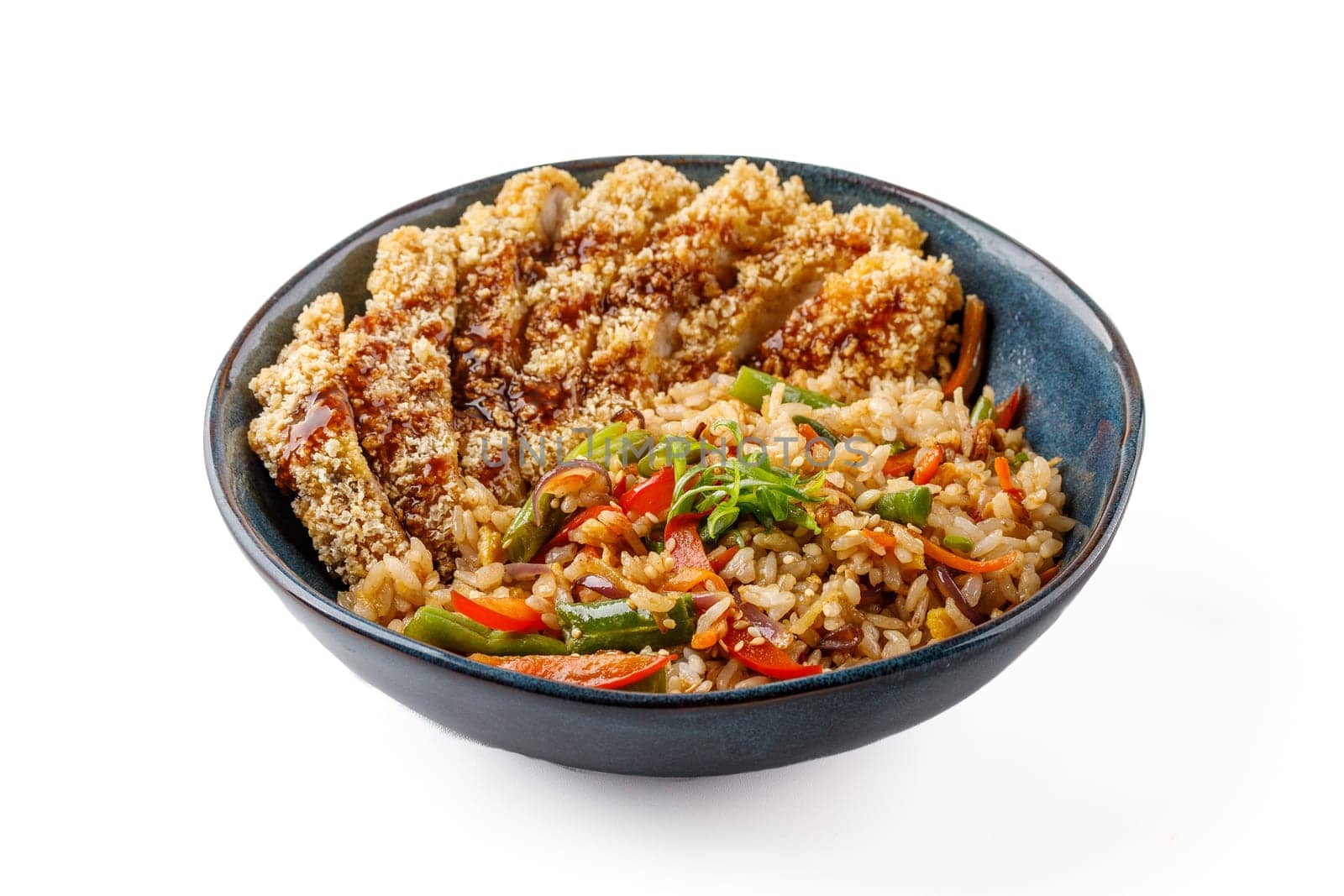 Hibachi rice with chicken schnitzel on a white background studio food photo 3