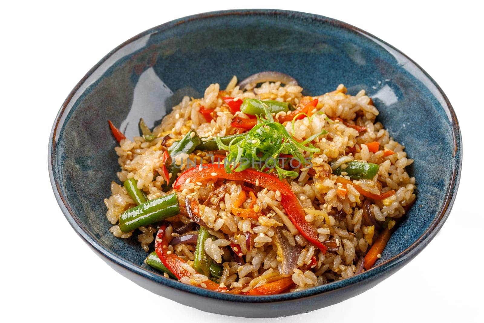 Hibachi rice with vegetables on a white background studio shooting