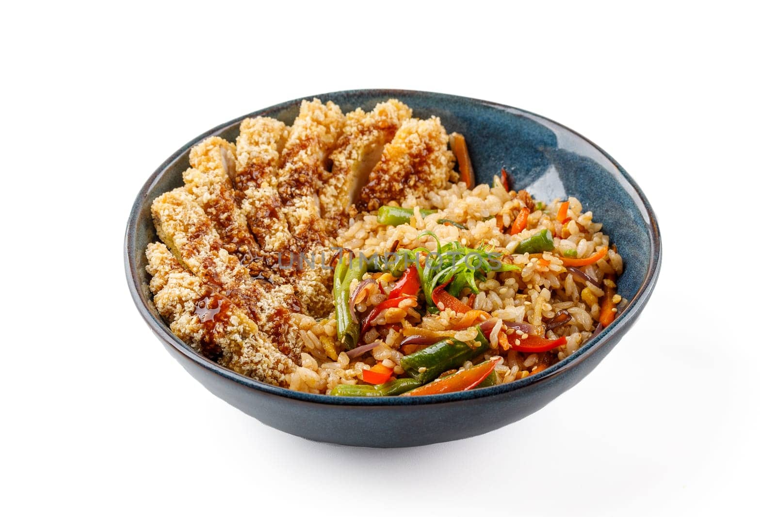 Hibachi rice with chicken schnitzel on a white background studio food photo 2