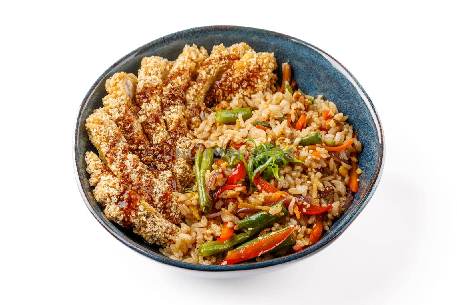Hibachi rice with chicken schnitzel on a white background studio food photo