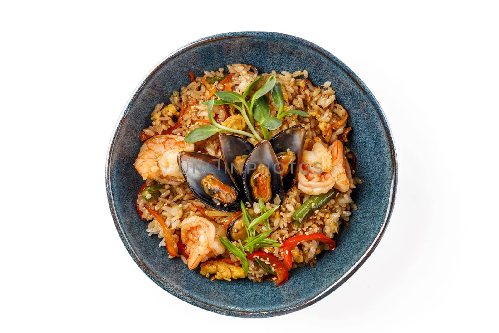 Hibachi rice with seafood on white background studio food photo 2