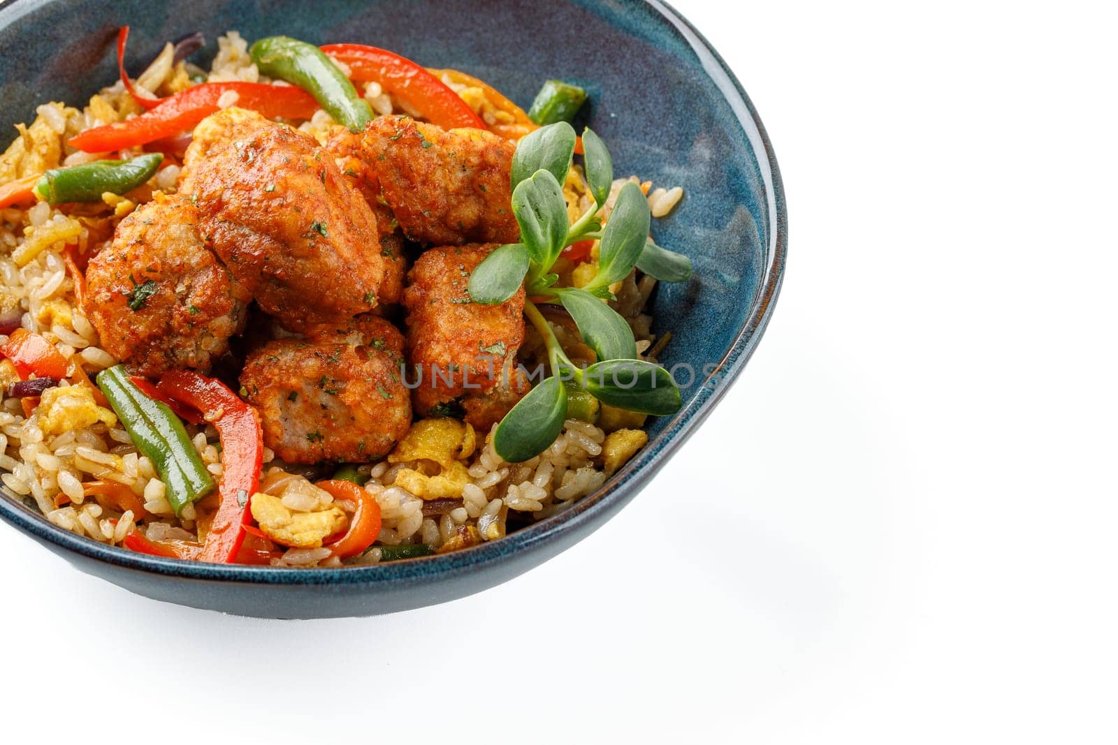 Hibachi rice with kimchi pork on a white background studio food photo