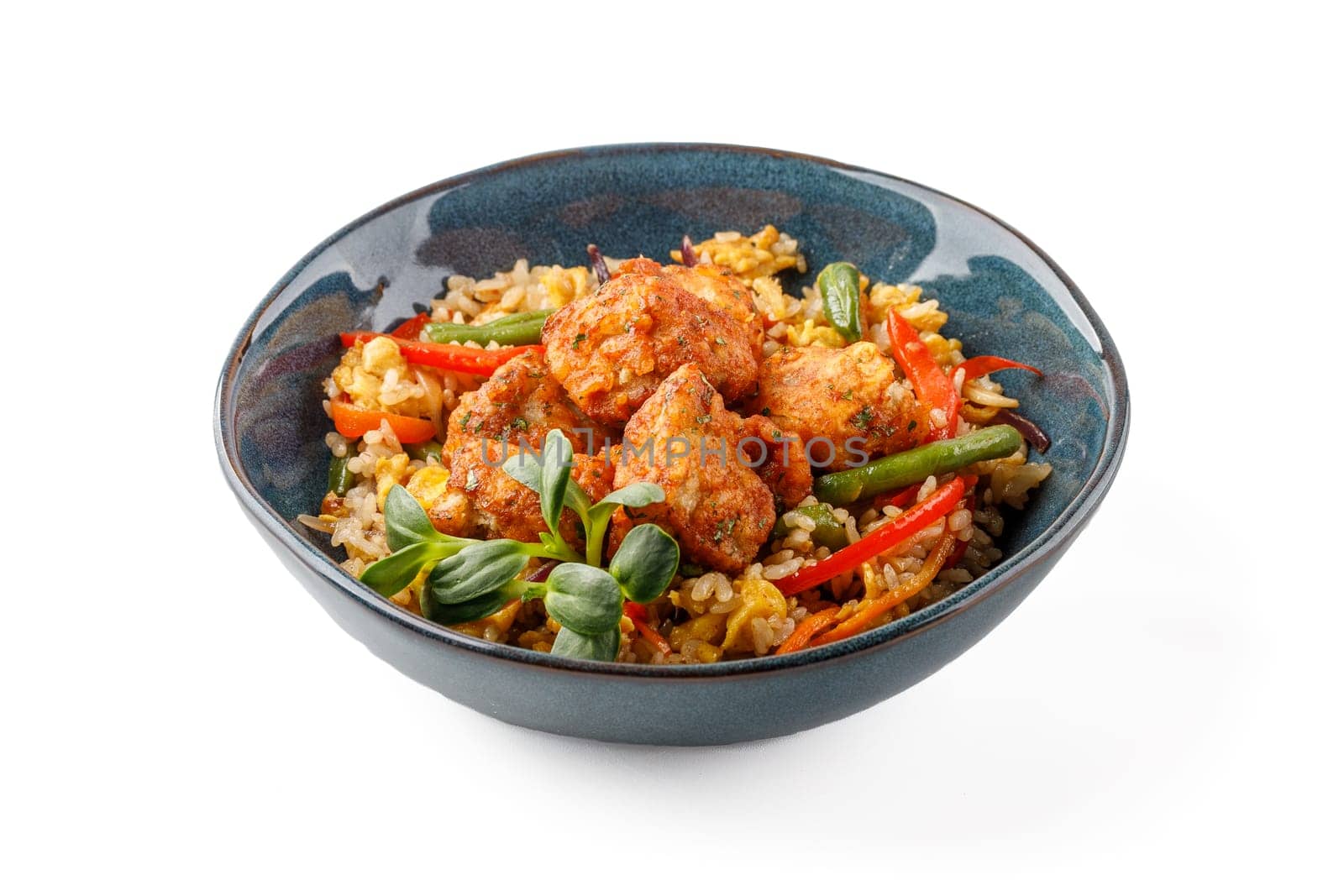 Hibachi rice with kimchi pork on a white background studio food photo 7