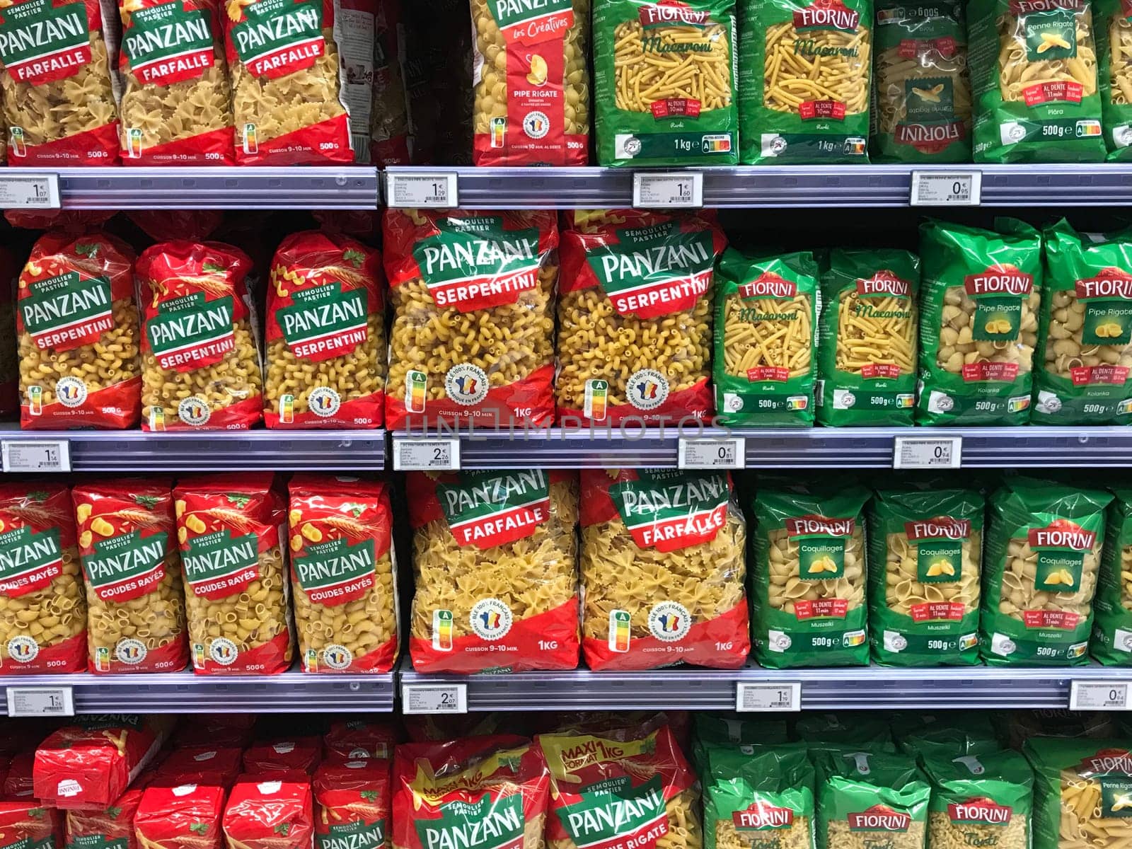 FRANCE, BORDEAUX, February, 2, 2024: Pasta packing on a shelf in a supermarket, is suitable for presenting new packaging among many others. by FreeProd