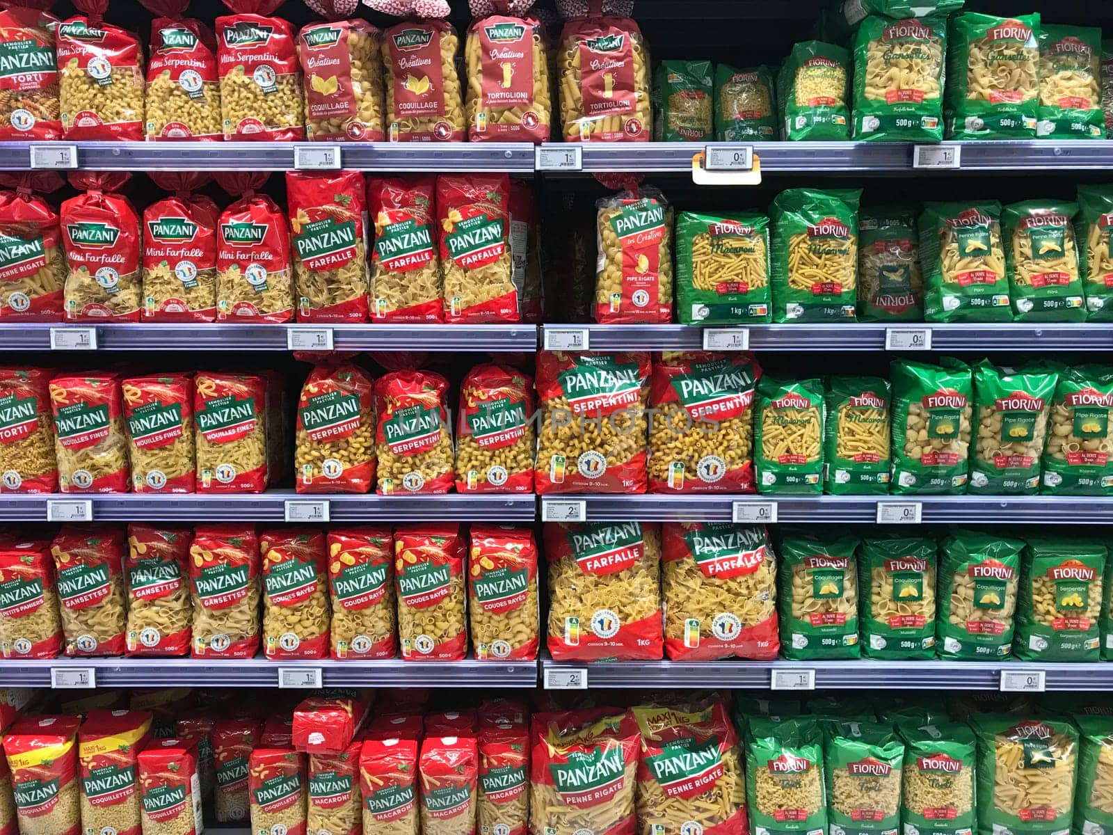 FRANCE, BORDEAUX, February, 2, 2024: Pasta packing on a shelf in a supermarket, is suitable for presenting new packaging among many others. by FreeProd