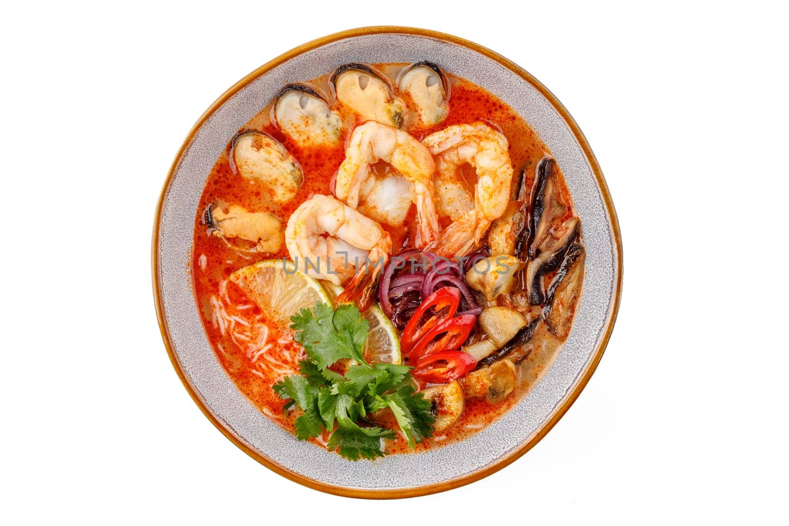 Tom Yam with seafood on a white background studio food photo