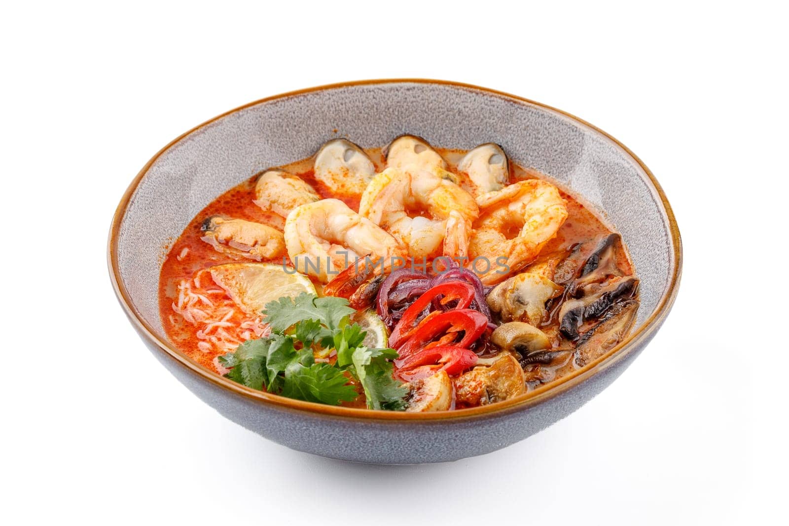 Tom Yam with seafood on a white background studio food photo 1