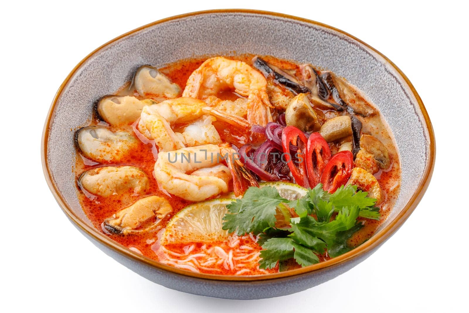 Tom Yam with seafood on a white background studio food photo 2