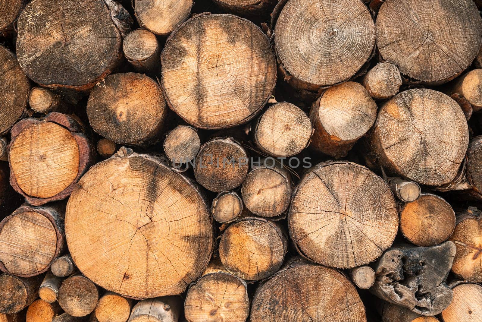 Wall made with a pile of chopped logs of different sizes. log pile background by Sonat