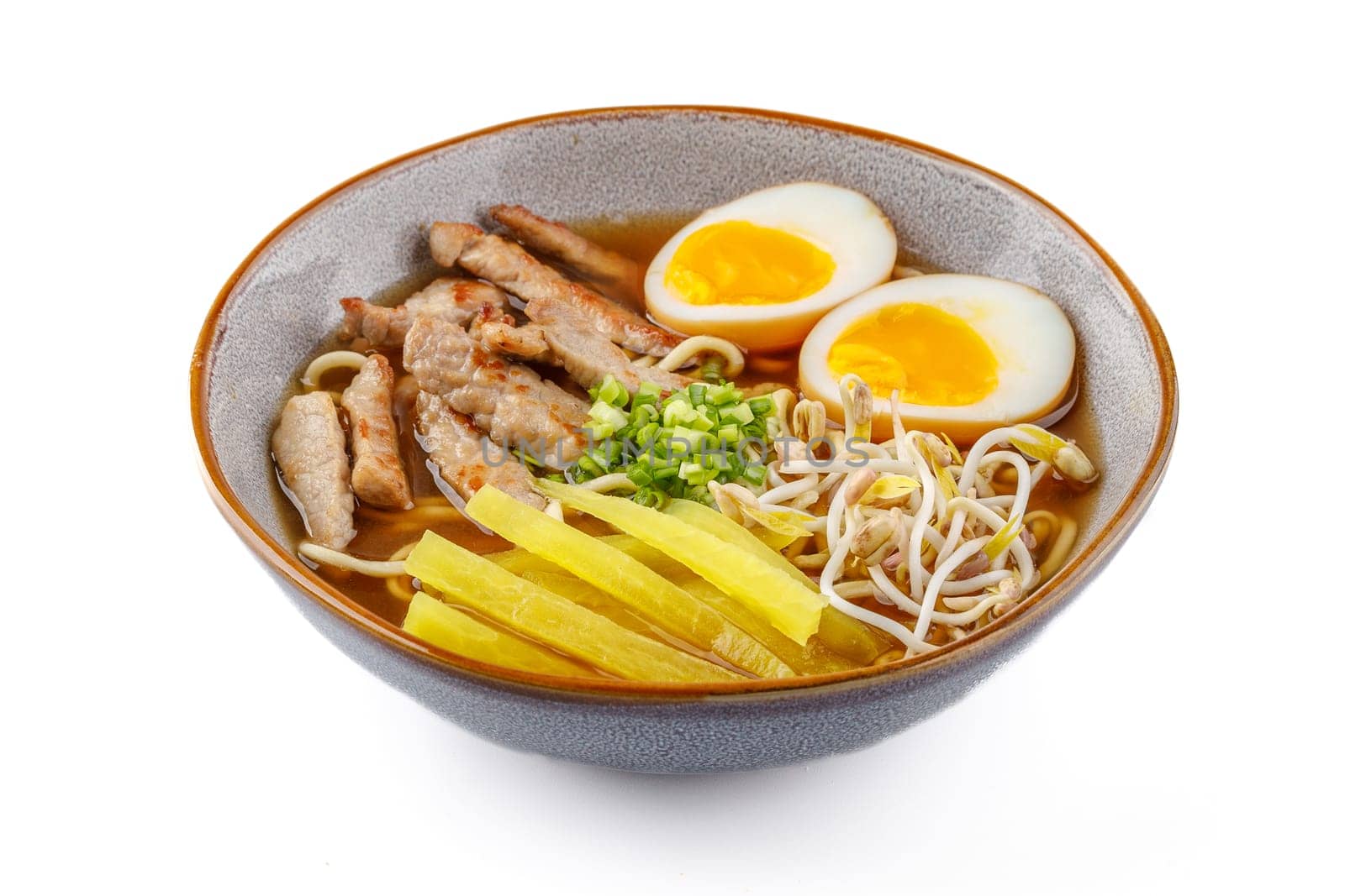Miso ramen with pork on a white background studio food photo 4