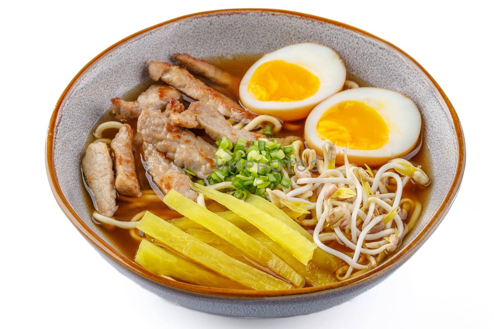 Miso ramen with pork on a white background studio food photo 3