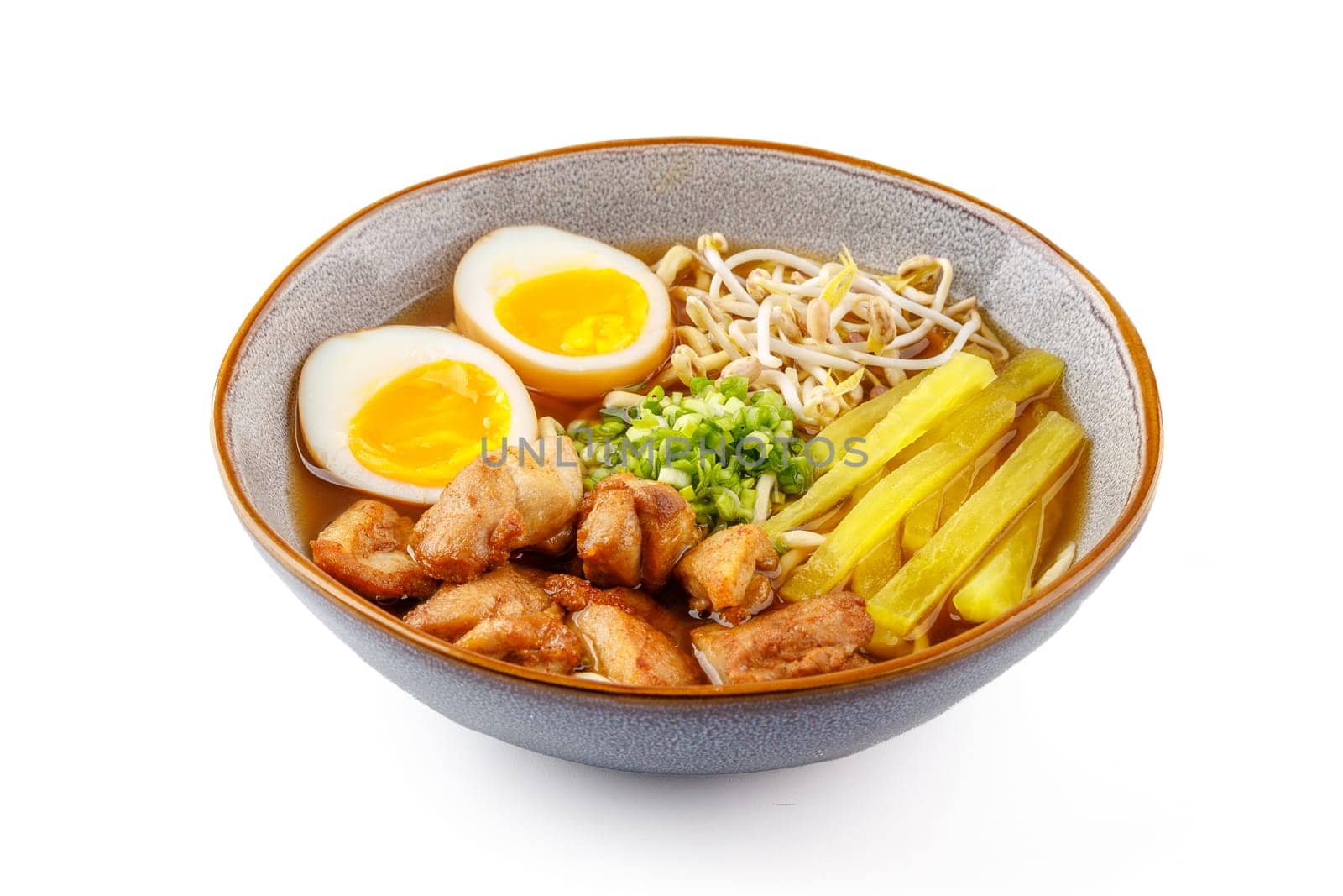Miso ramen with pork on a white background studio food photo