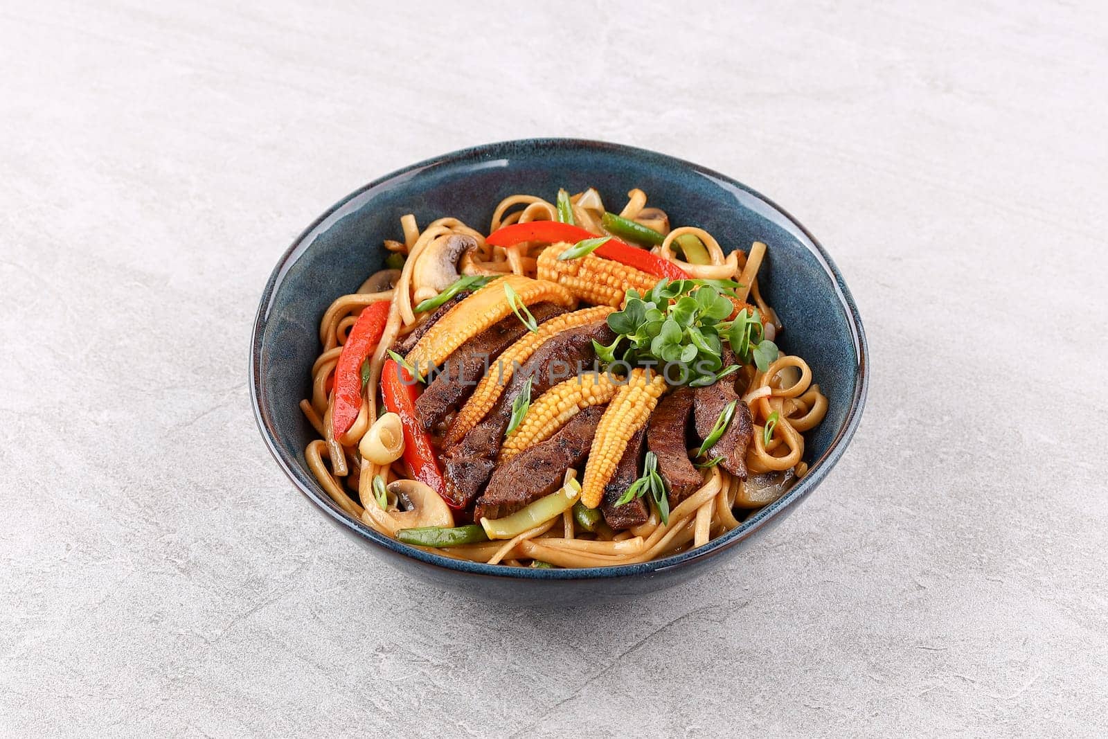 Udon with veal studio shooting on a white background