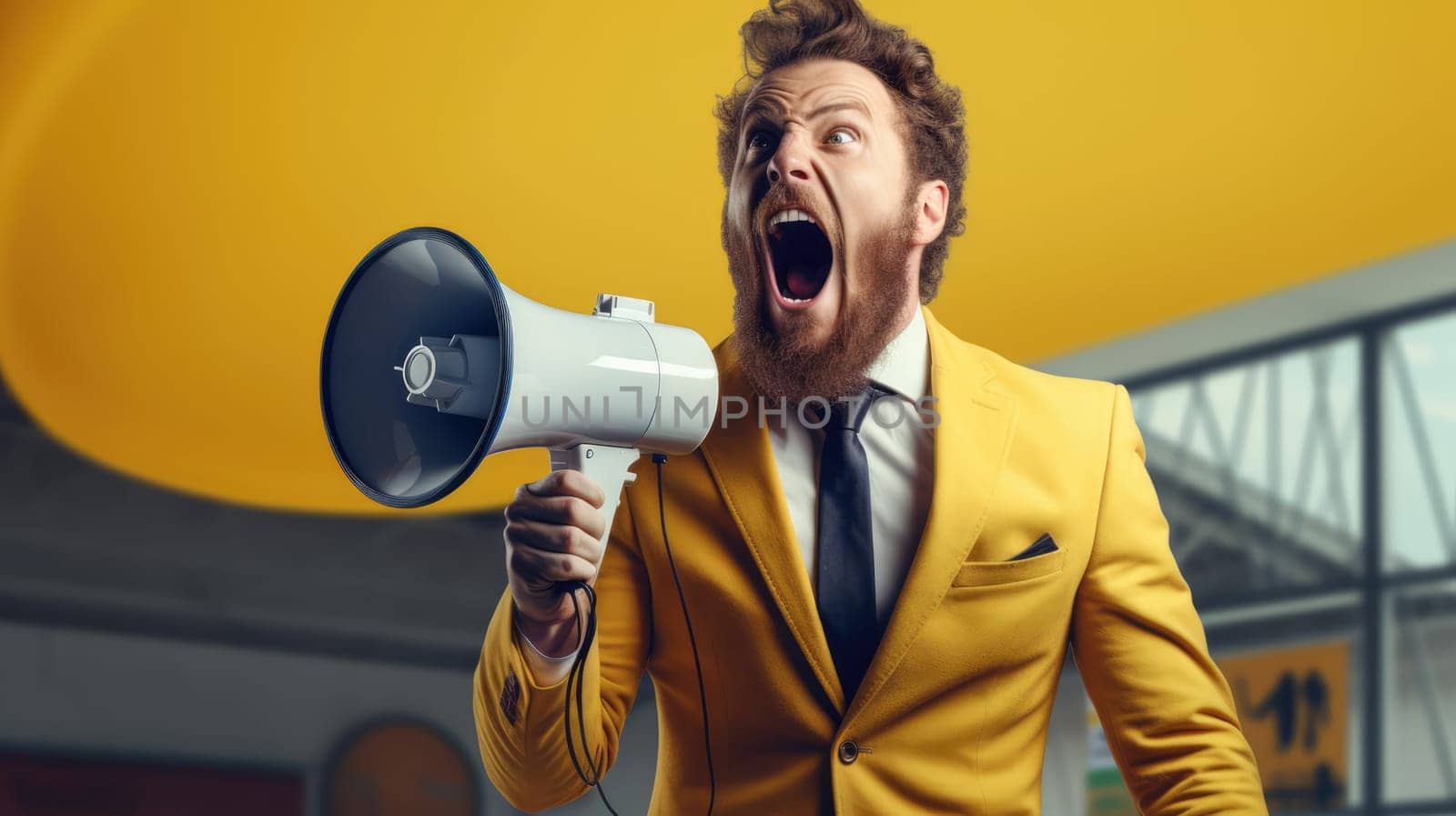 Big sale. Emotional portrait of marketing professional making big announcements on megaphone.