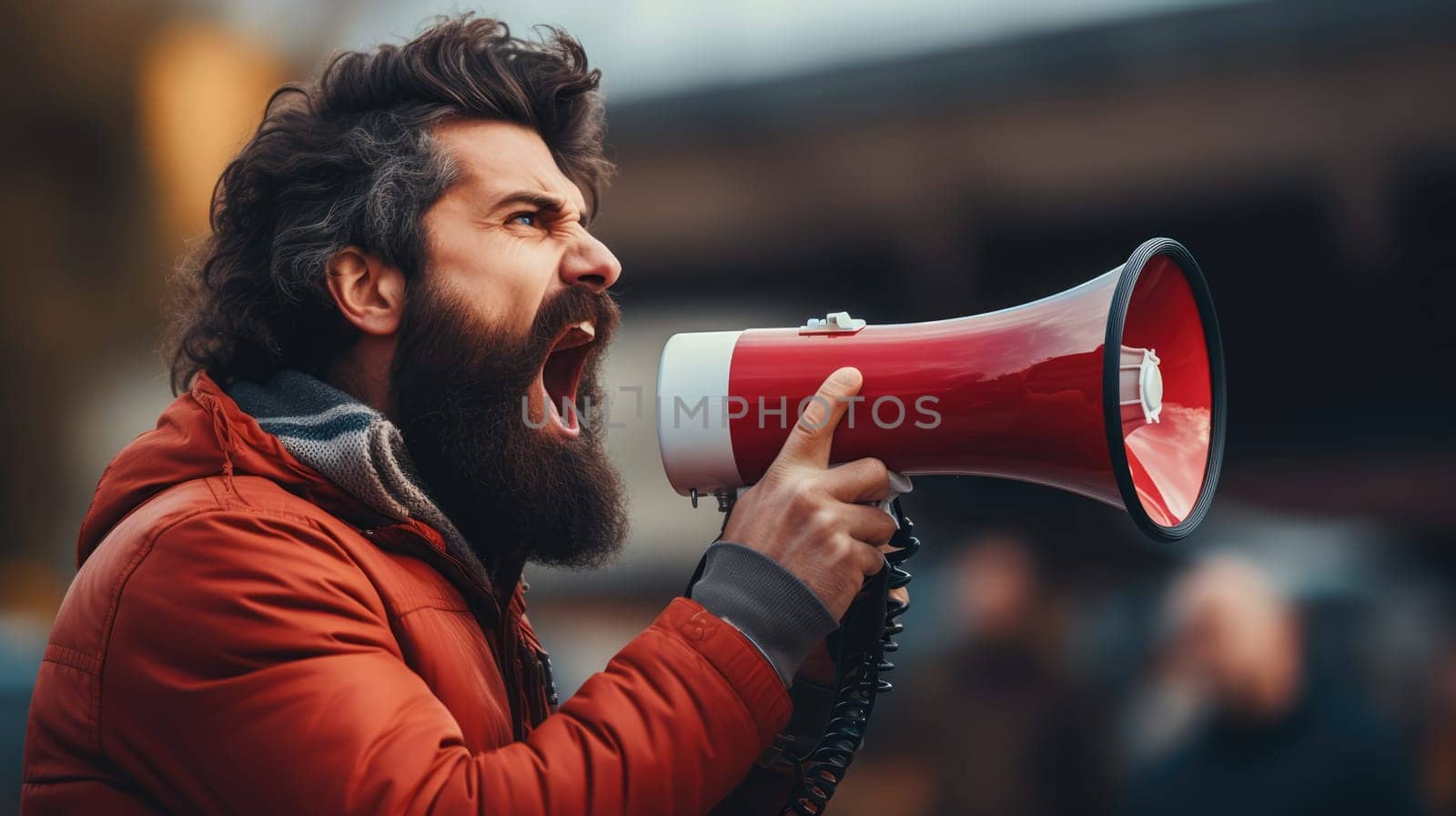 Big sale. Emotional portrait of marketing professional making big announcements on megaphone.