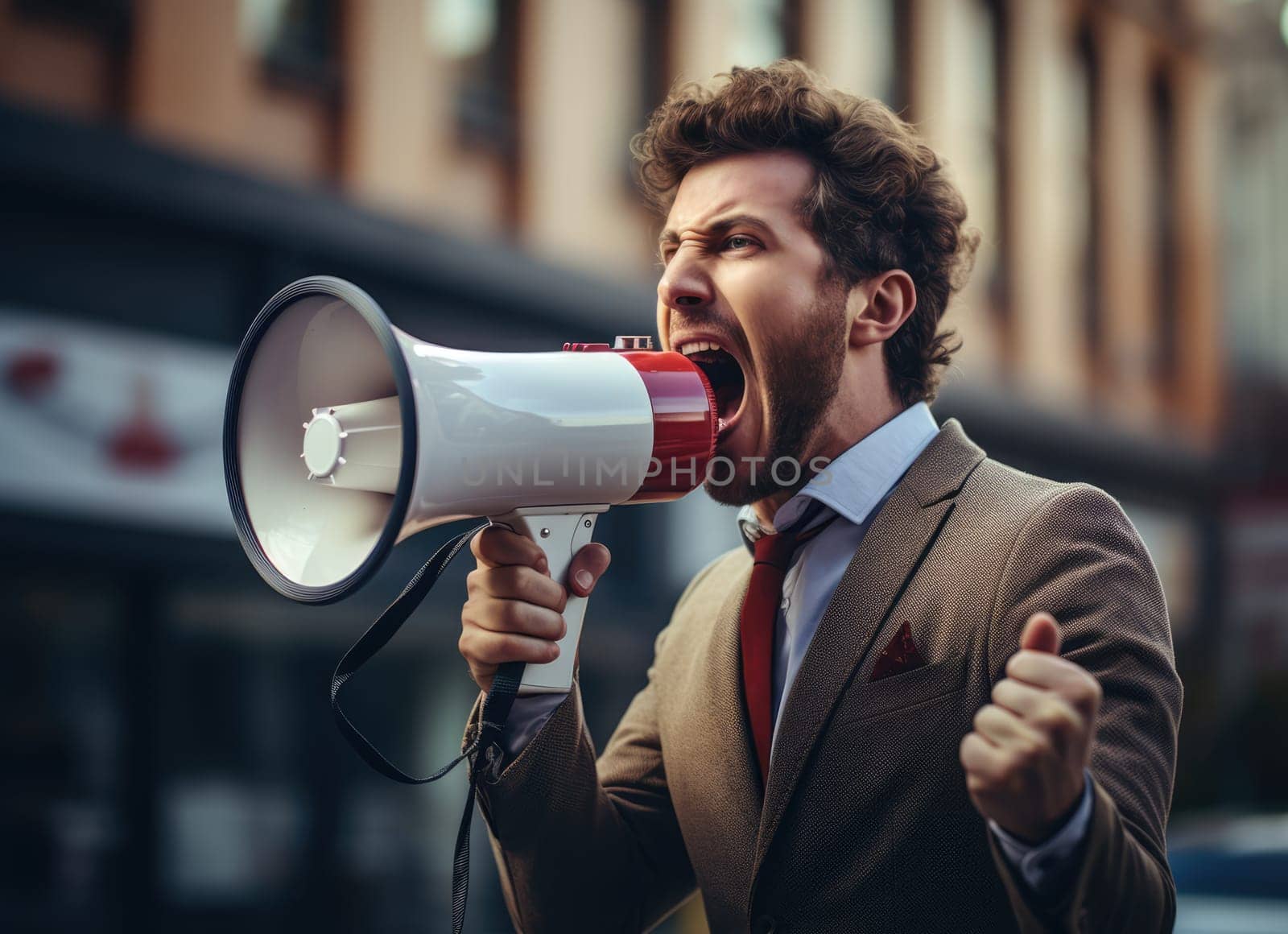 Big sale. Emotional portrait of marketing professional making big announcements on megaphone.