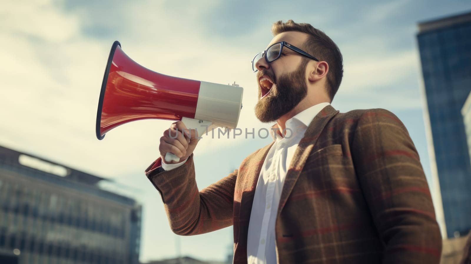 Big sale. Emotional portrait of marketing professional making big announcements on megaphone.