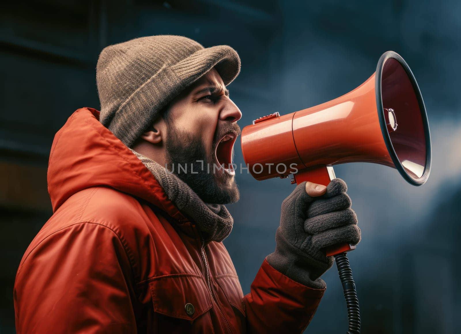 Big sale. Emotional portrait of marketing professional making big announcements on megaphone.