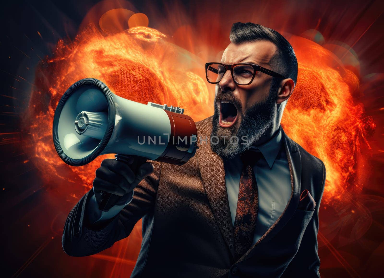 Big sale. Emotional portrait of marketing professional making big announcements on megaphone.