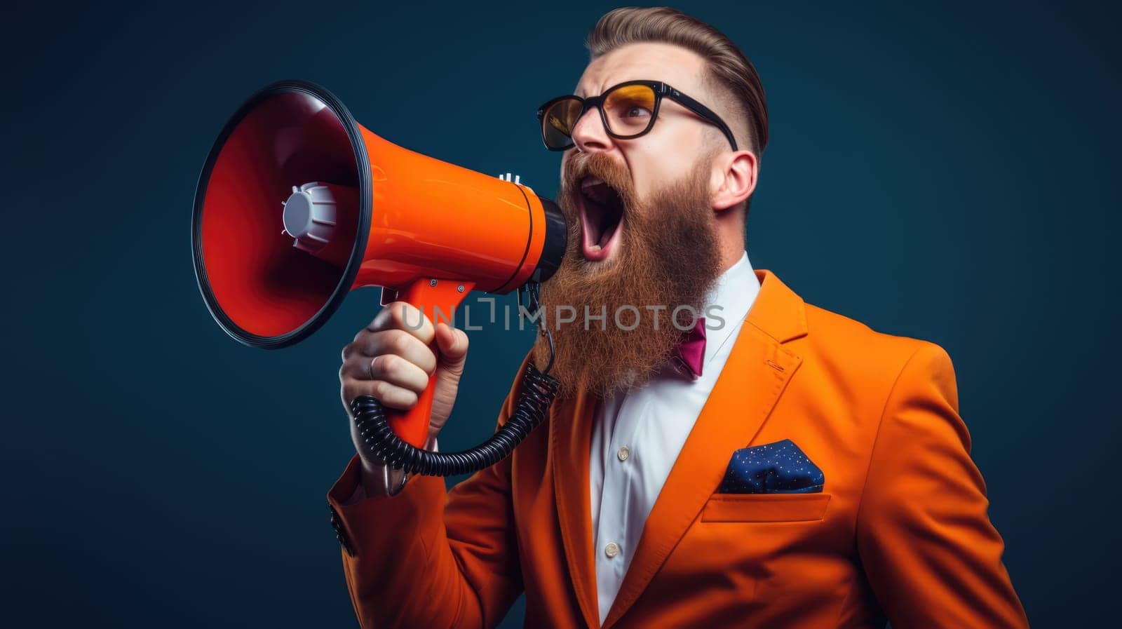 Big sale. Emotional portrait of marketing professional making big announcements on megaphone.