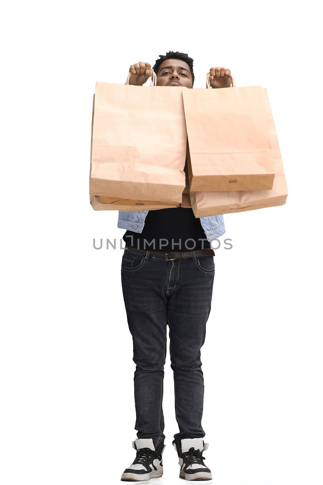 Man on a white background with shoppers.