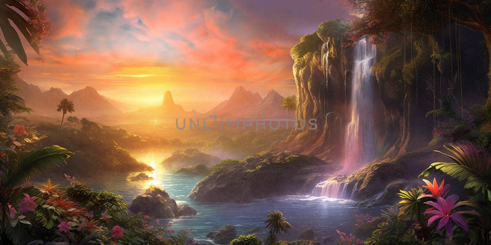 Fantasy landscape with waterfalls, flowers and tropical plants on foreground, panorama.