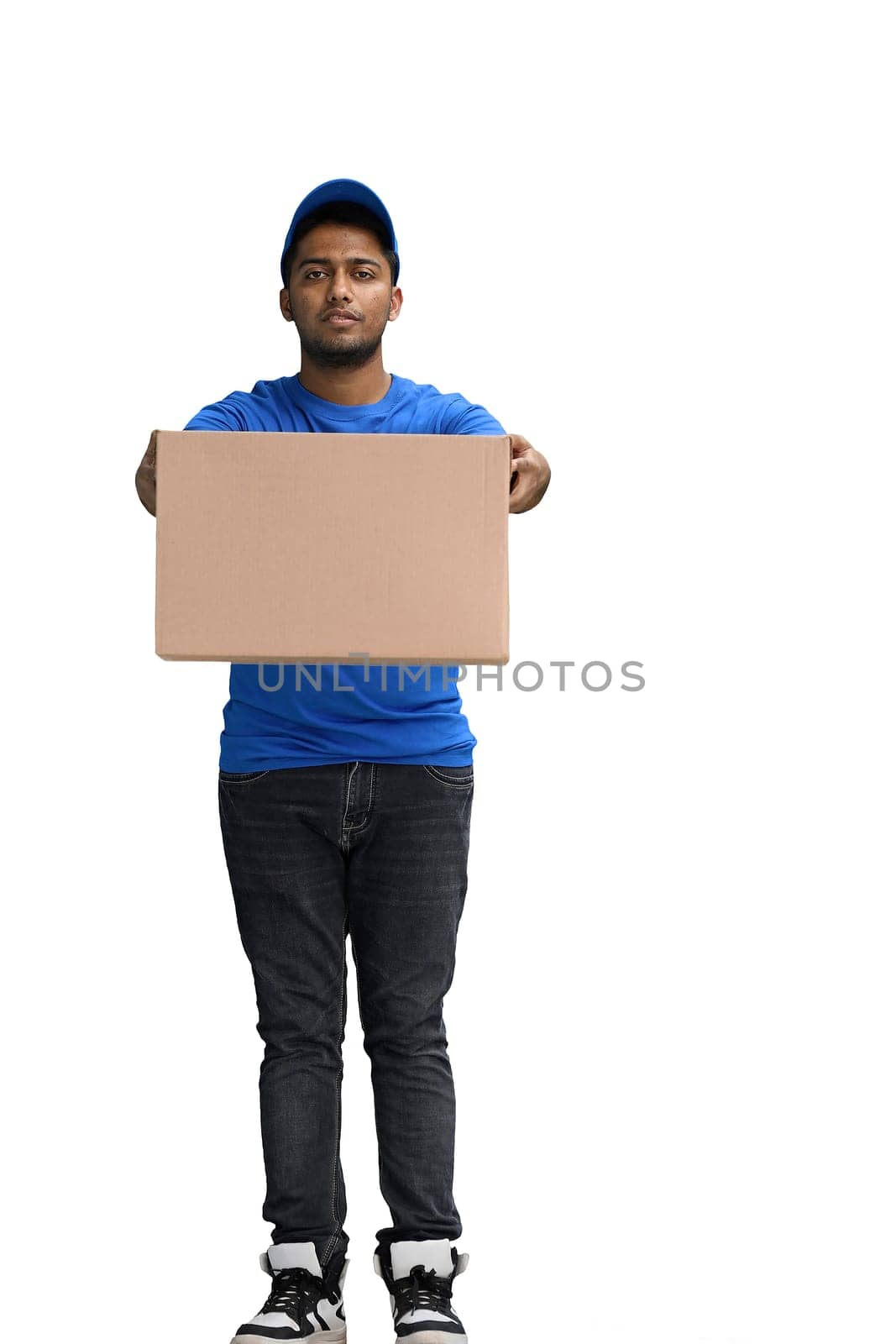 A man on a white background give box by Prosto